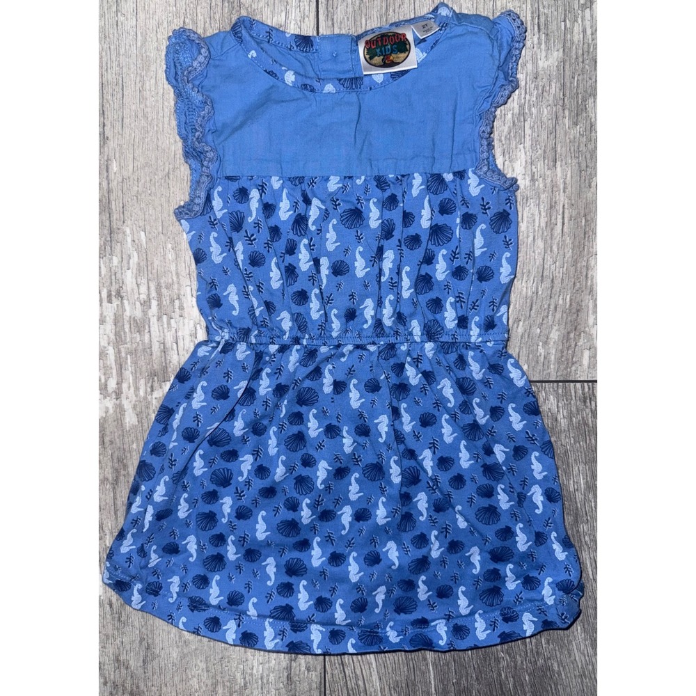 Vintage Outdoor Kids Bass Pros Blue Seahorse Nautical Sleeveless Dress 2T